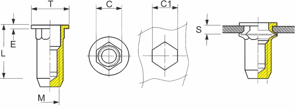 Základní rozměry nýtovací matice a otvoru