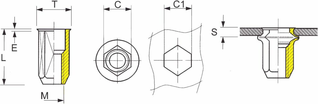 Základní rozměry nýtovací matice a otvoru