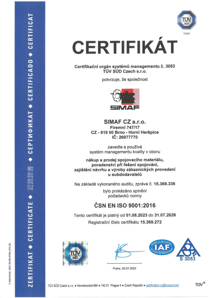 Cerifikát ČSN EN ISO 9001